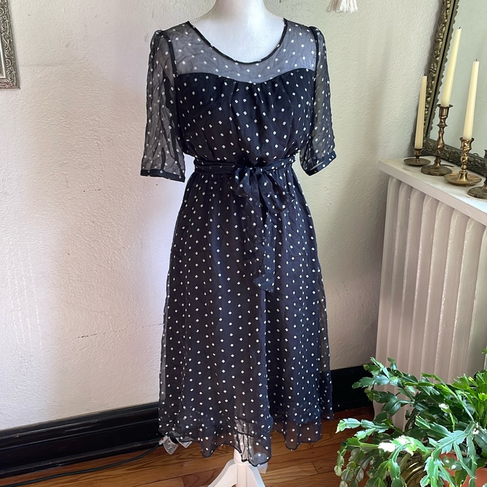 Vintage sheer silk dress waist tie puff sleeves